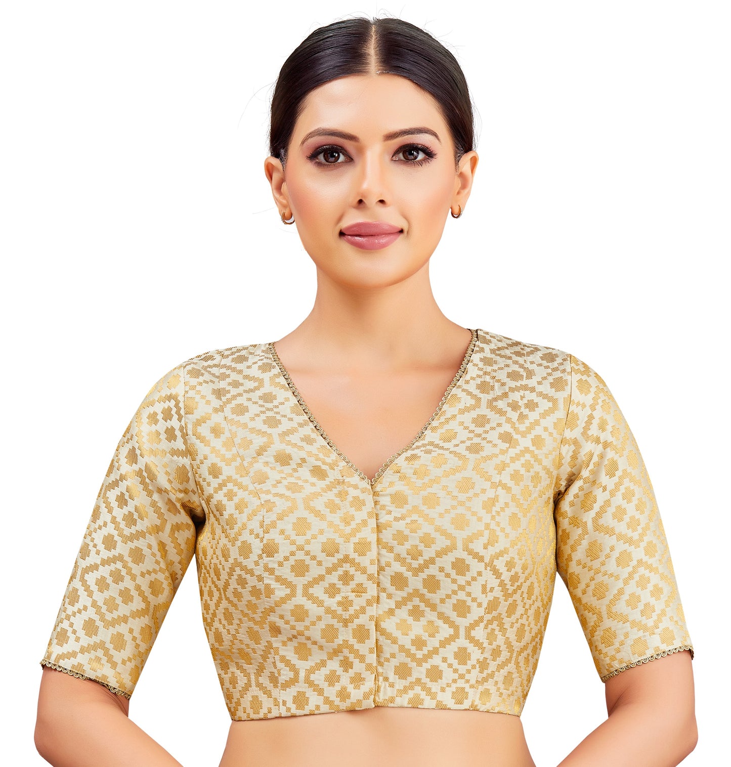 Studio Shringaar Women's Cream Benaras Brocade V-Neck Readymade Saree Blouse (Design 2850)