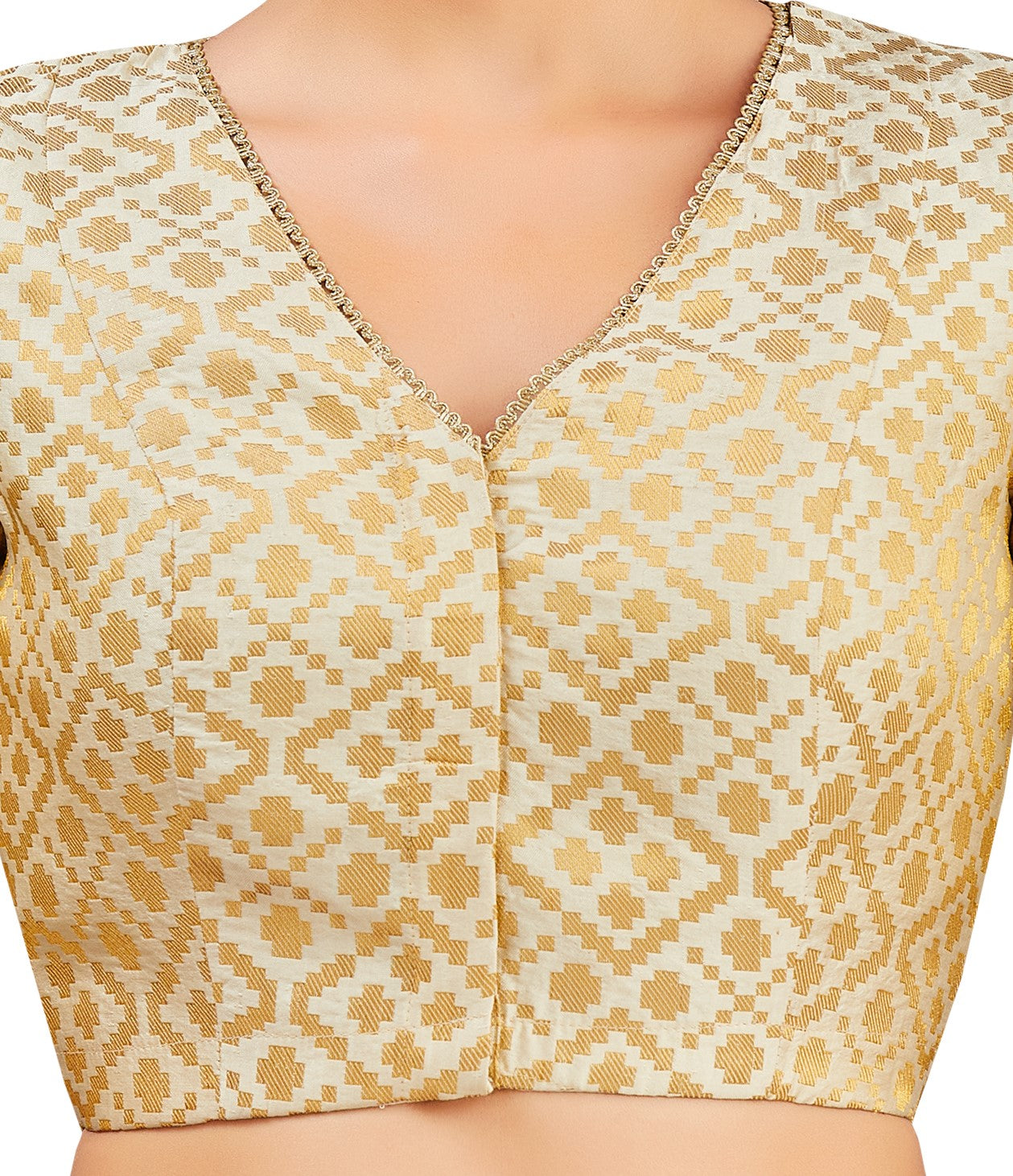 Studio Shringaar Women's Cream Benaras Brocade V-Neck Readymade Saree Blouse (Design 2850)