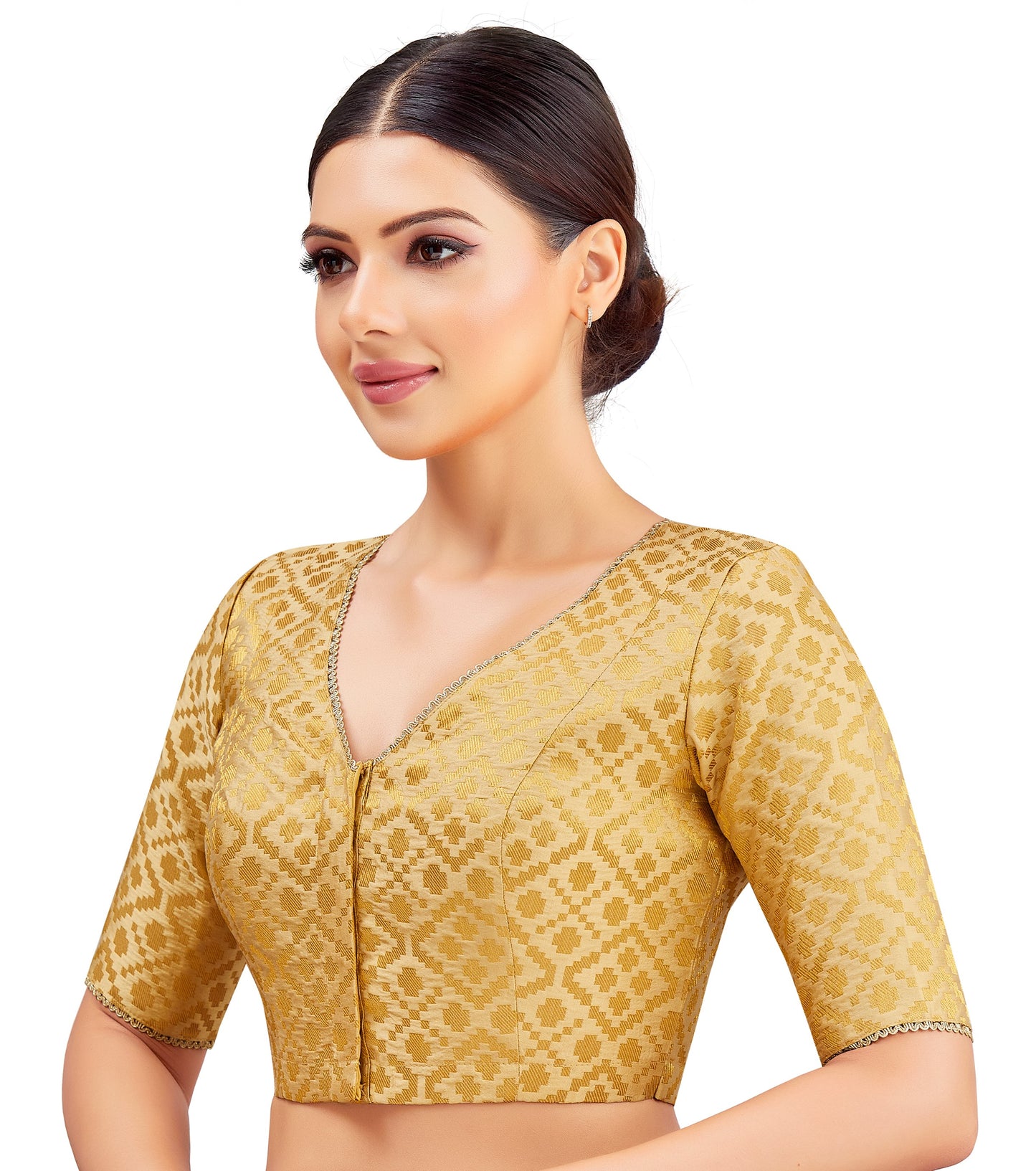 Studio Shringaar Women's Gold Benaras Brocade V-Neck Readymade Saree Blouse (Design 2850)