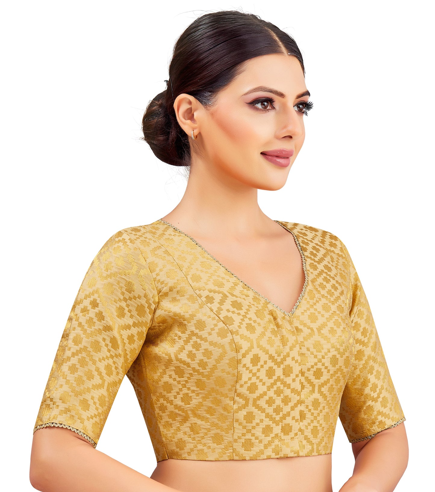 Studio Shringaar Women's Gold Benaras Brocade V-Neck Readymade Saree Blouse (Design 2850)