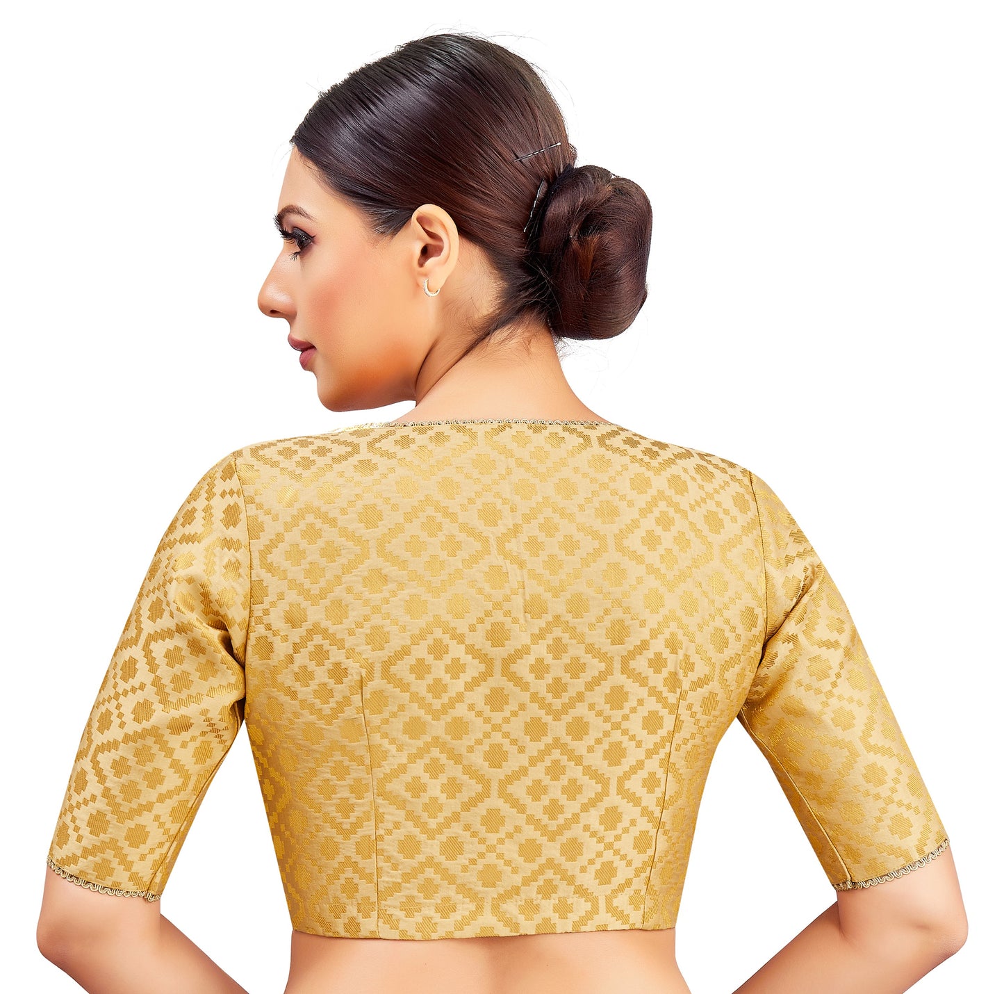 Studio Shringaar Women's Gold Benaras Brocade V-Neck Readymade Saree Blouse (Design 2850)