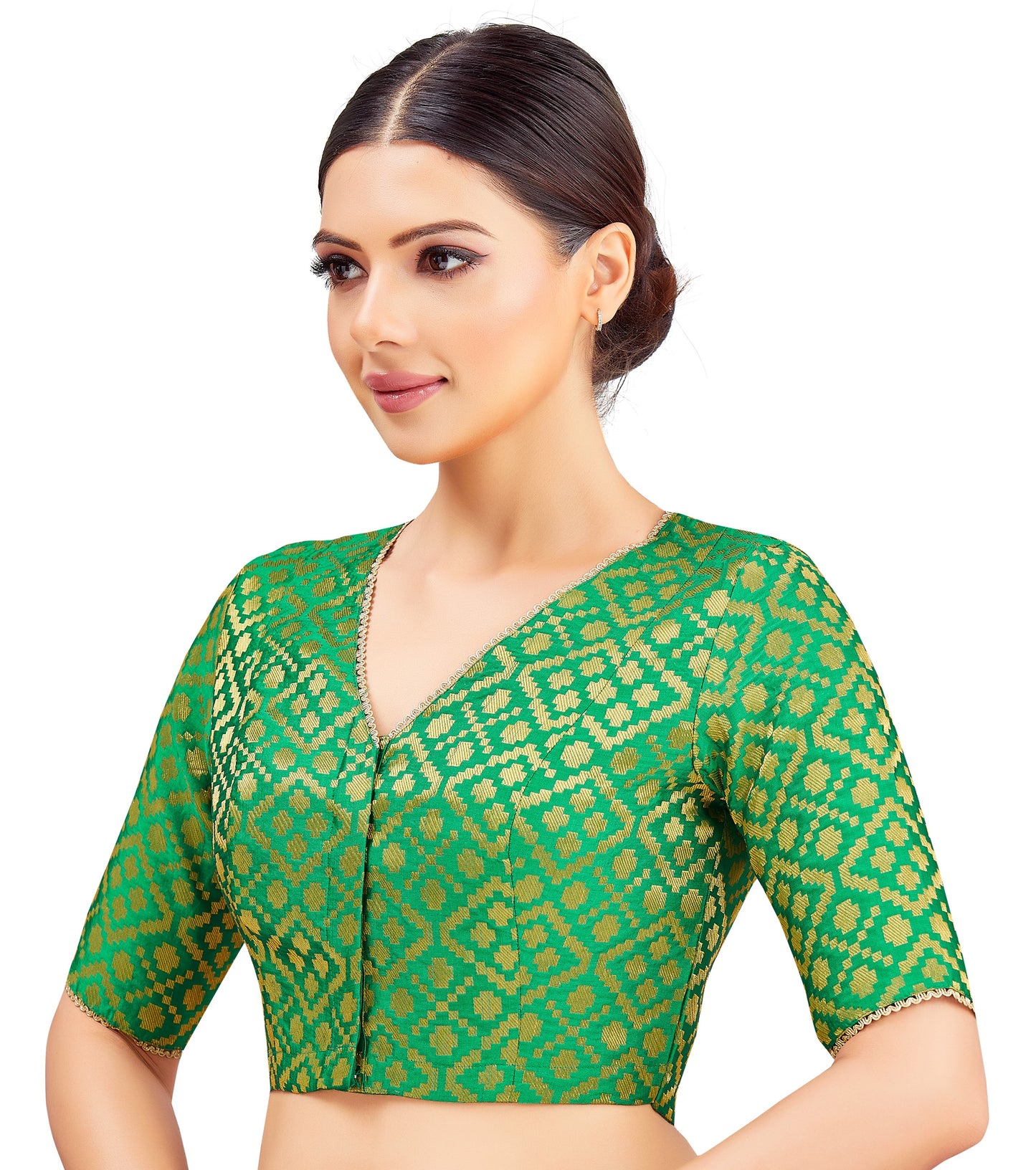 Studio Shringaar Women's Green Benaras Brocade V-Neck Readymade Saree Blouse (Design 2850)