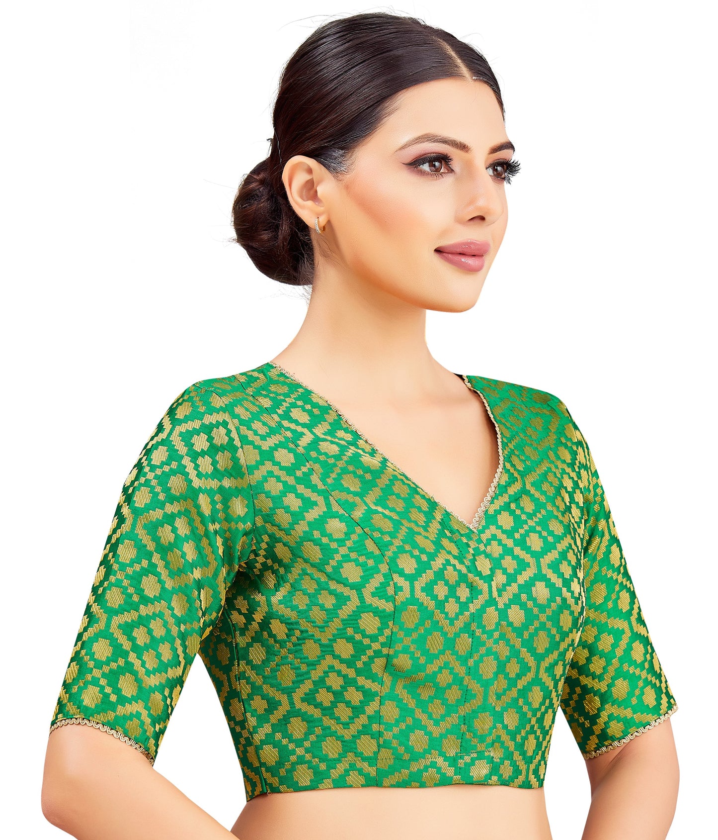 Studio Shringaar Women's Green Benaras Brocade V-Neck Readymade Saree Blouse (Design 2850)