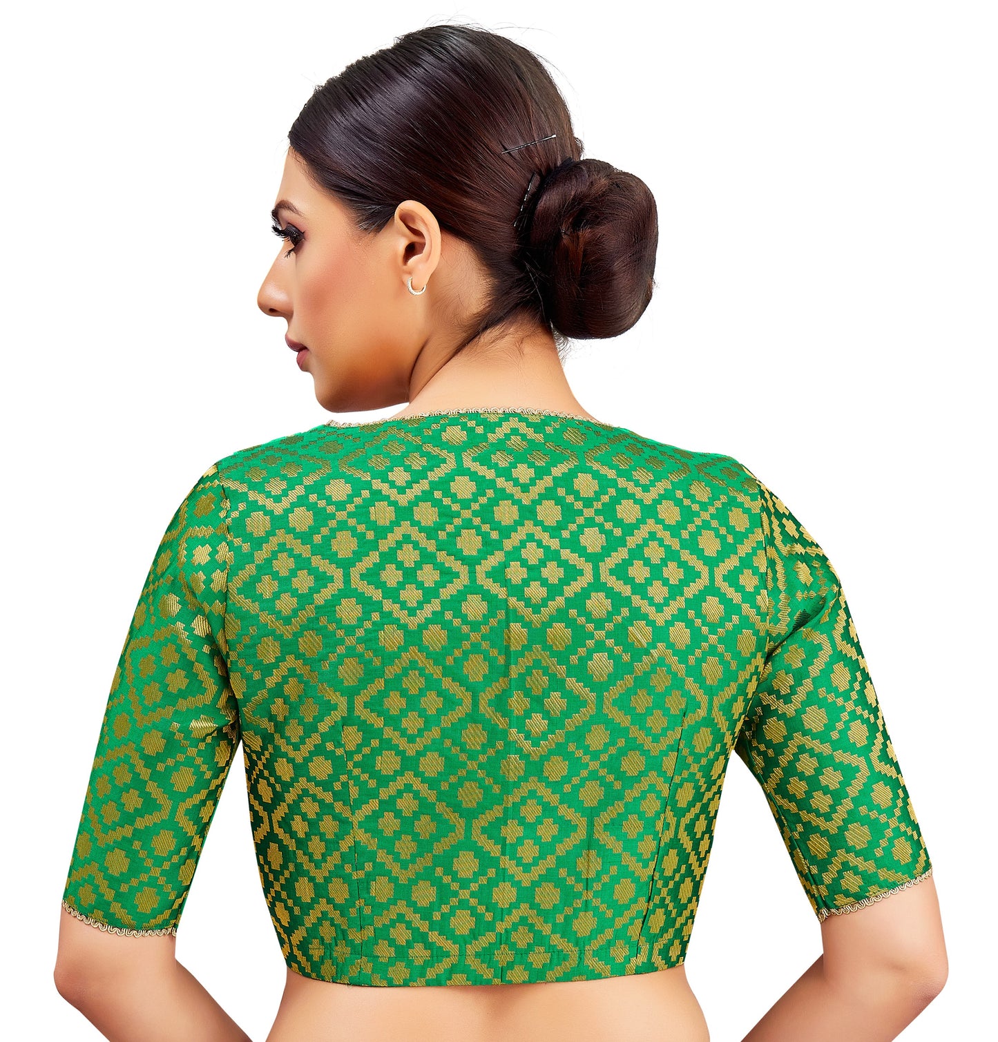 Studio Shringaar Women's Green Benaras Brocade V-Neck Readymade Saree Blouse (Design 2850)