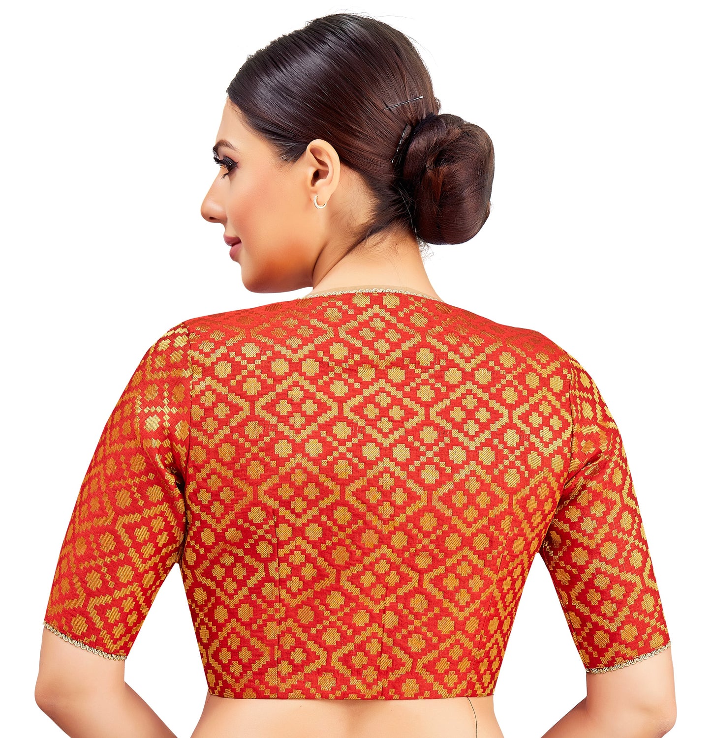 Studio Shringaar Women's Red Benaras Brocade V-Neck Readymade Saree Blouse (Design 2850)