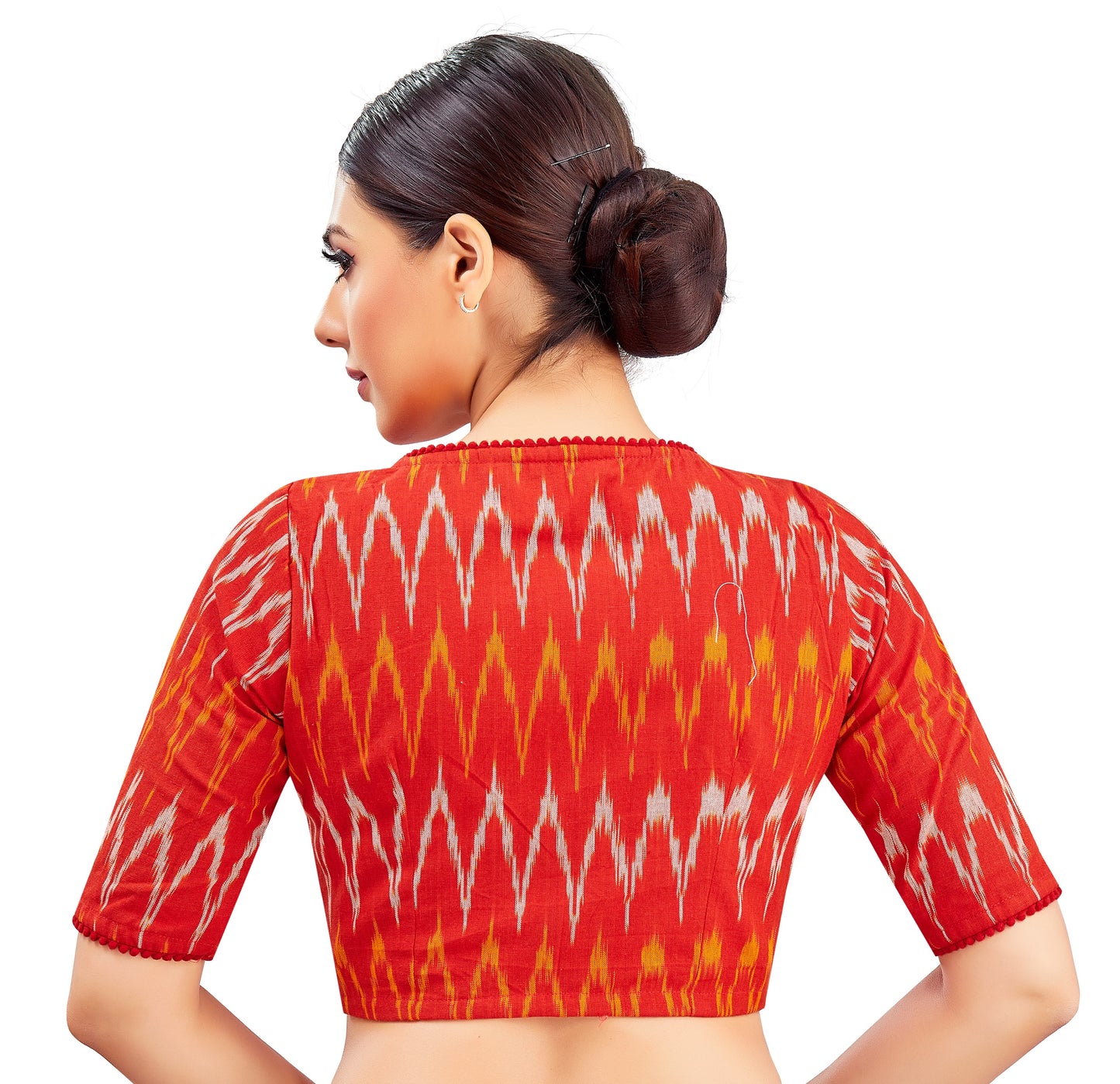 Studio Shringaar Women's Brick Red Pure Cotton Ikat Readymade Saree Blouse (Design 2851)
