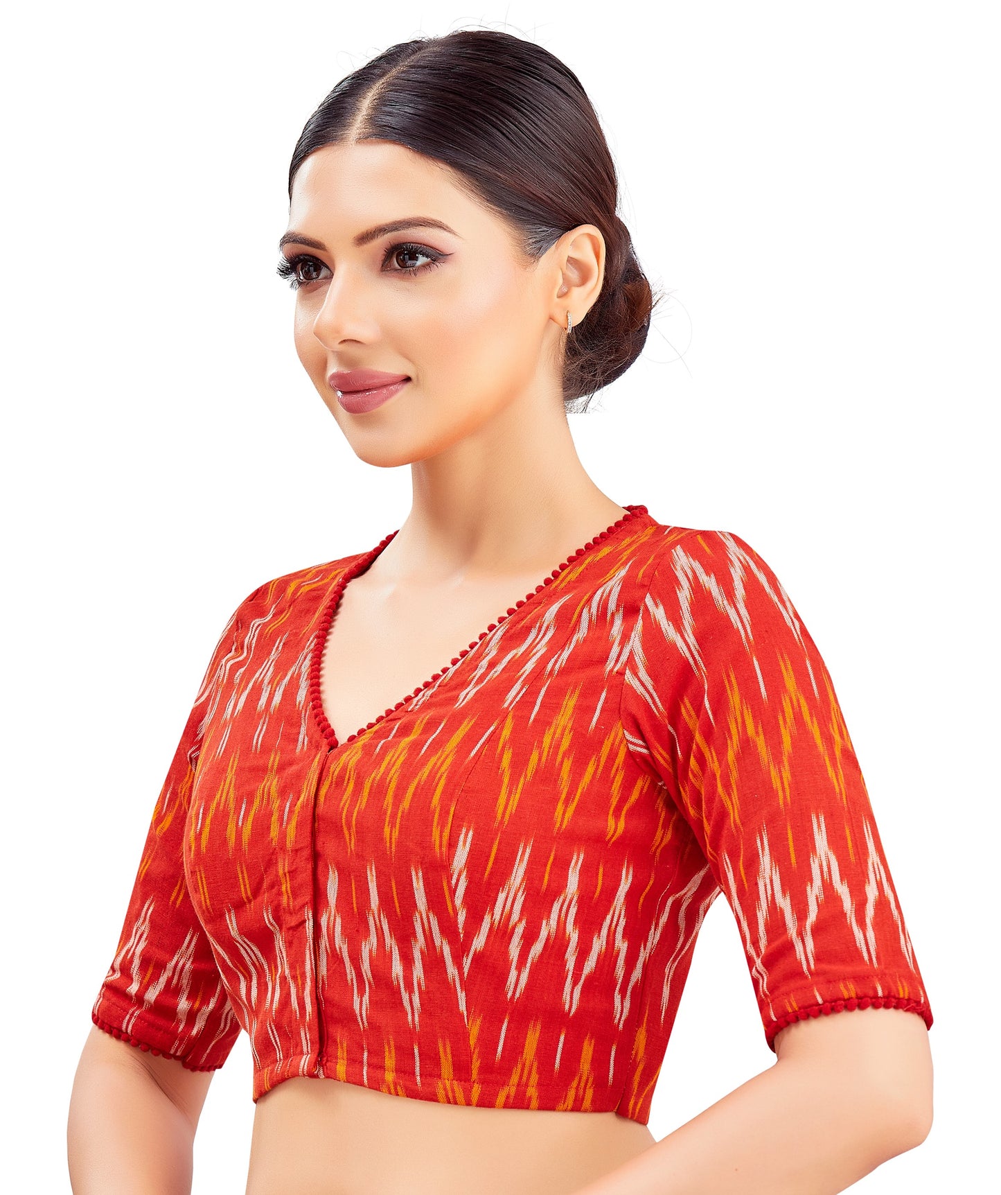 Studio Shringaar Women's Brick Red Pure Cotton Ikat Readymade Saree Blouse (Design 2851)
