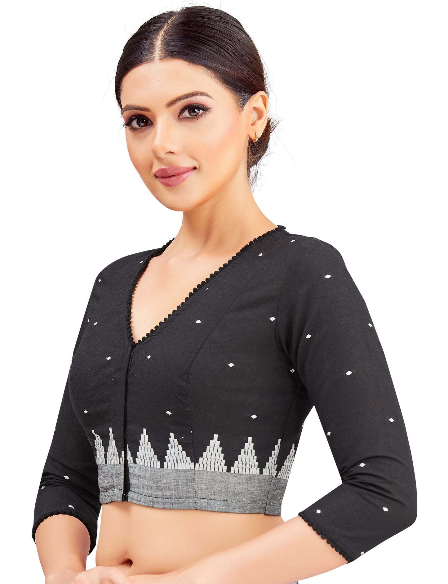 Studio Shringaar Women's Black Cotton Temple Border Readymade Saree Blouse (Design 2852)