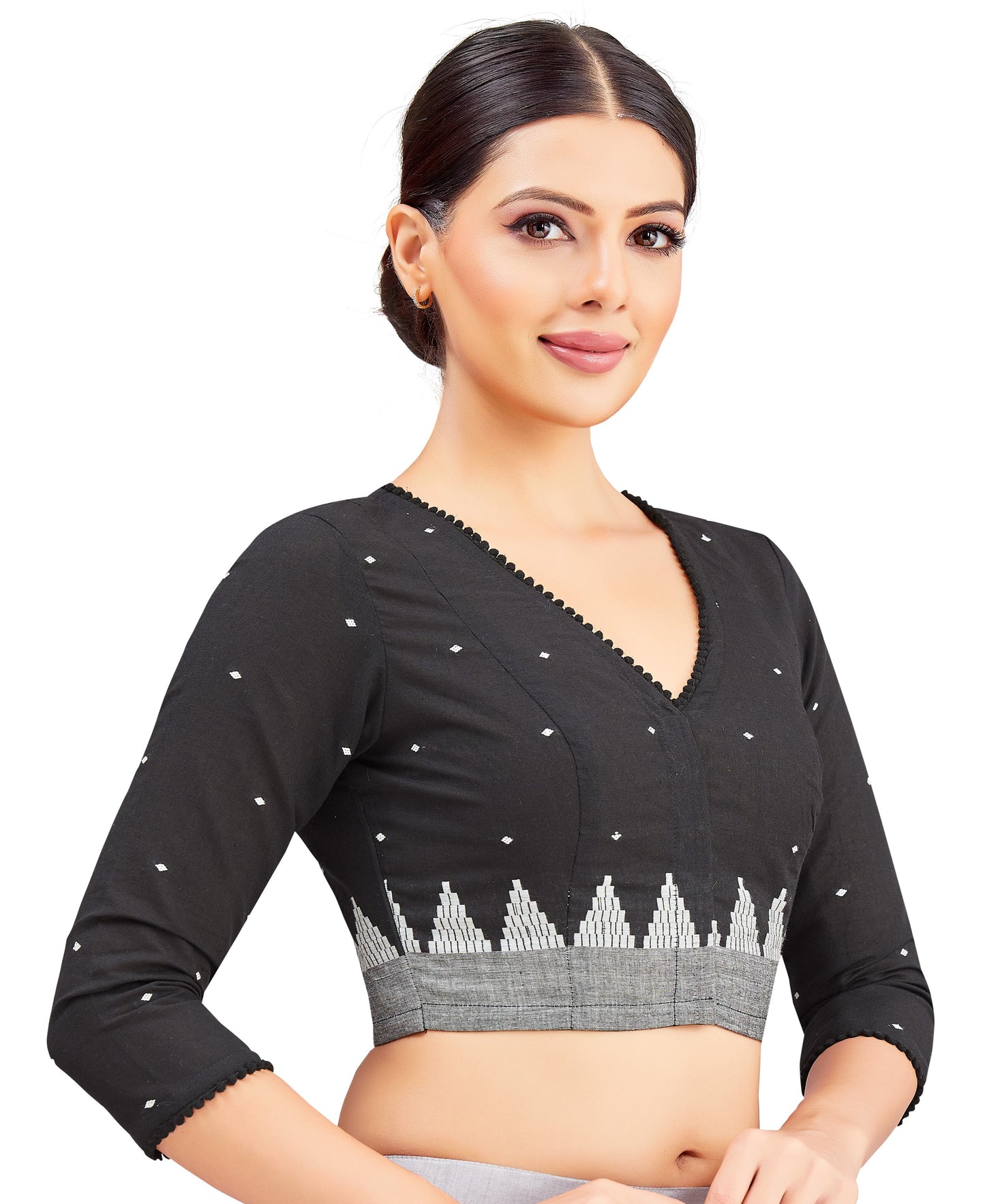 Studio Shringaar Women's Black Cotton Temple Border Readymade Saree Blouse (Design 2852)