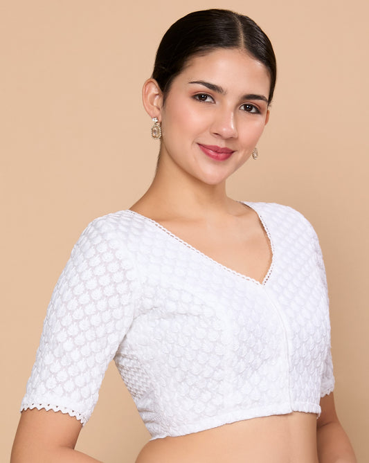 Studio Shringaar Women's White Lucknowi Chikankari Readymade Saree Blouse (Design 2858)