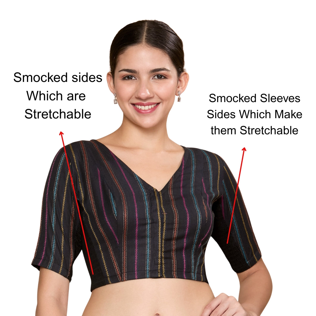 Studio Shringaar Women's Black Cotton Handloom Stripes Stretchable (Smocked) Readymade Saree Blouse (Design 2859)