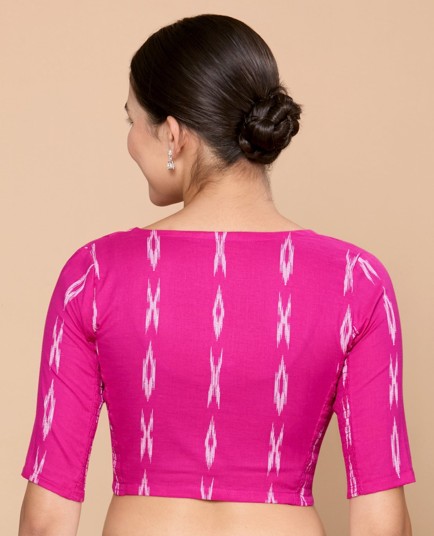 Studio Shringaar Women's Pink Cotton Ikat Stretchable (Smocked) Readymade Saree Blouse(Design 2860)