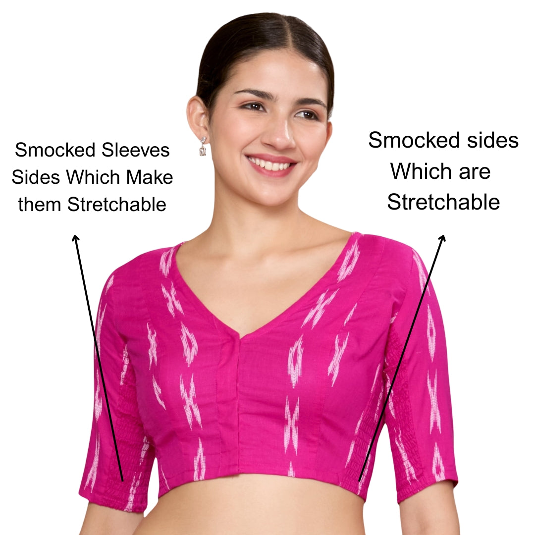 Studio Shringaar Women's Pink Cotton Ikat Stretchable (Smocked) Readymade Saree Blouse(Design 2860)