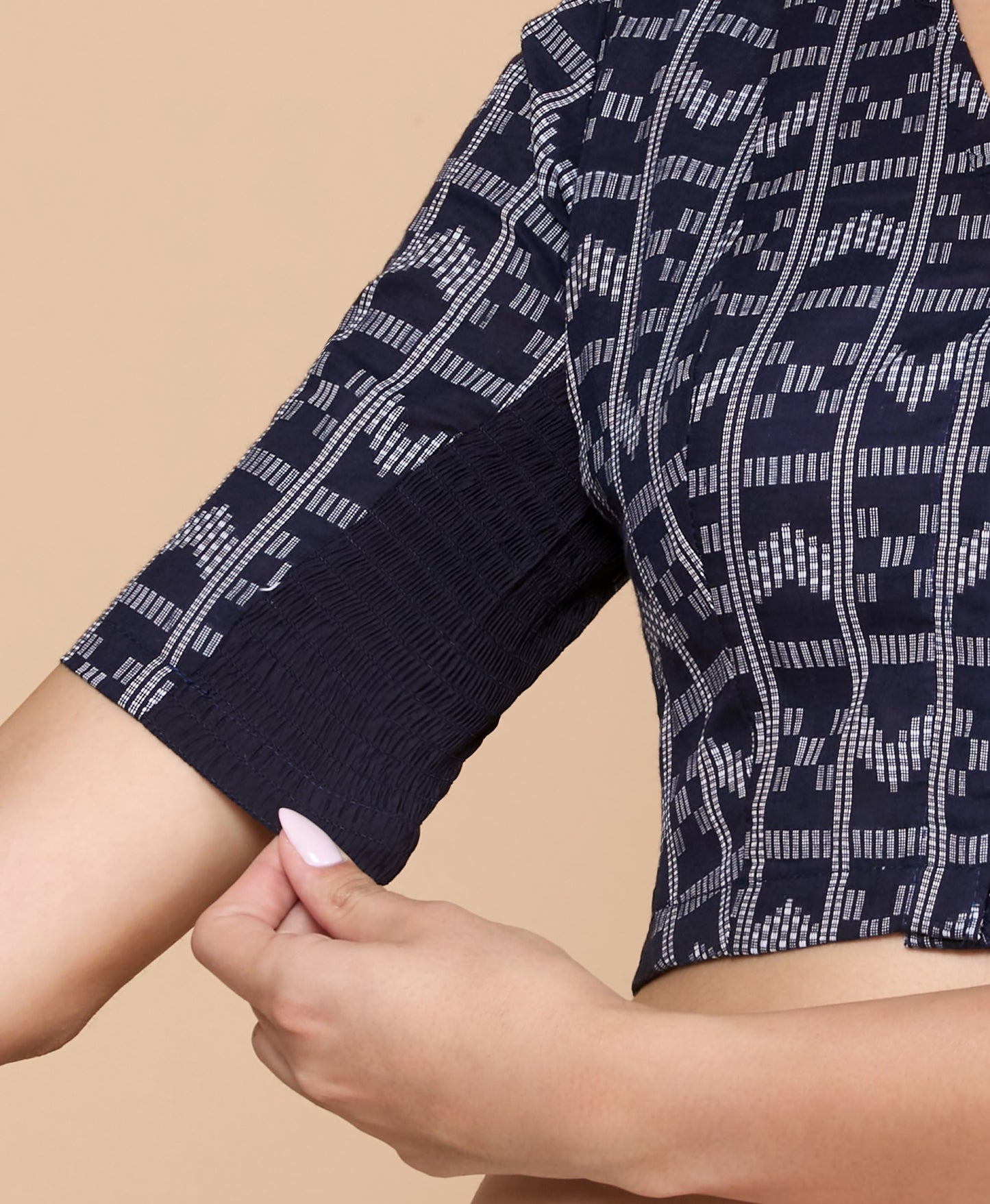 Studio Shringaar Women's Navy Blue Cotton Ikat Side Stretchable Saree Blouse(Design 2861)