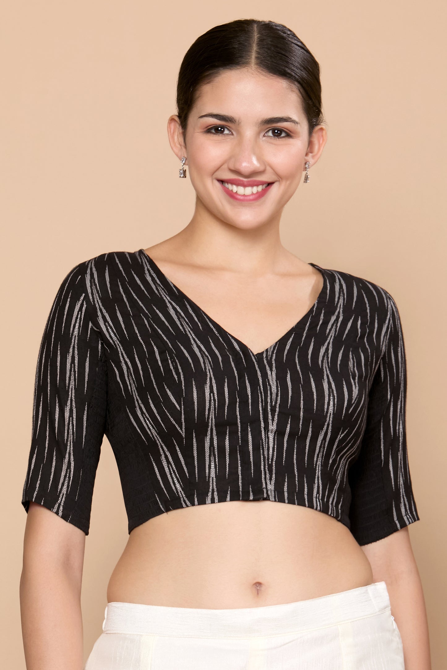 Studio Shringaar Women's Black Cotton Ikat Stretchable (Smocked) Readymade Saree Blouse (Design 2863)