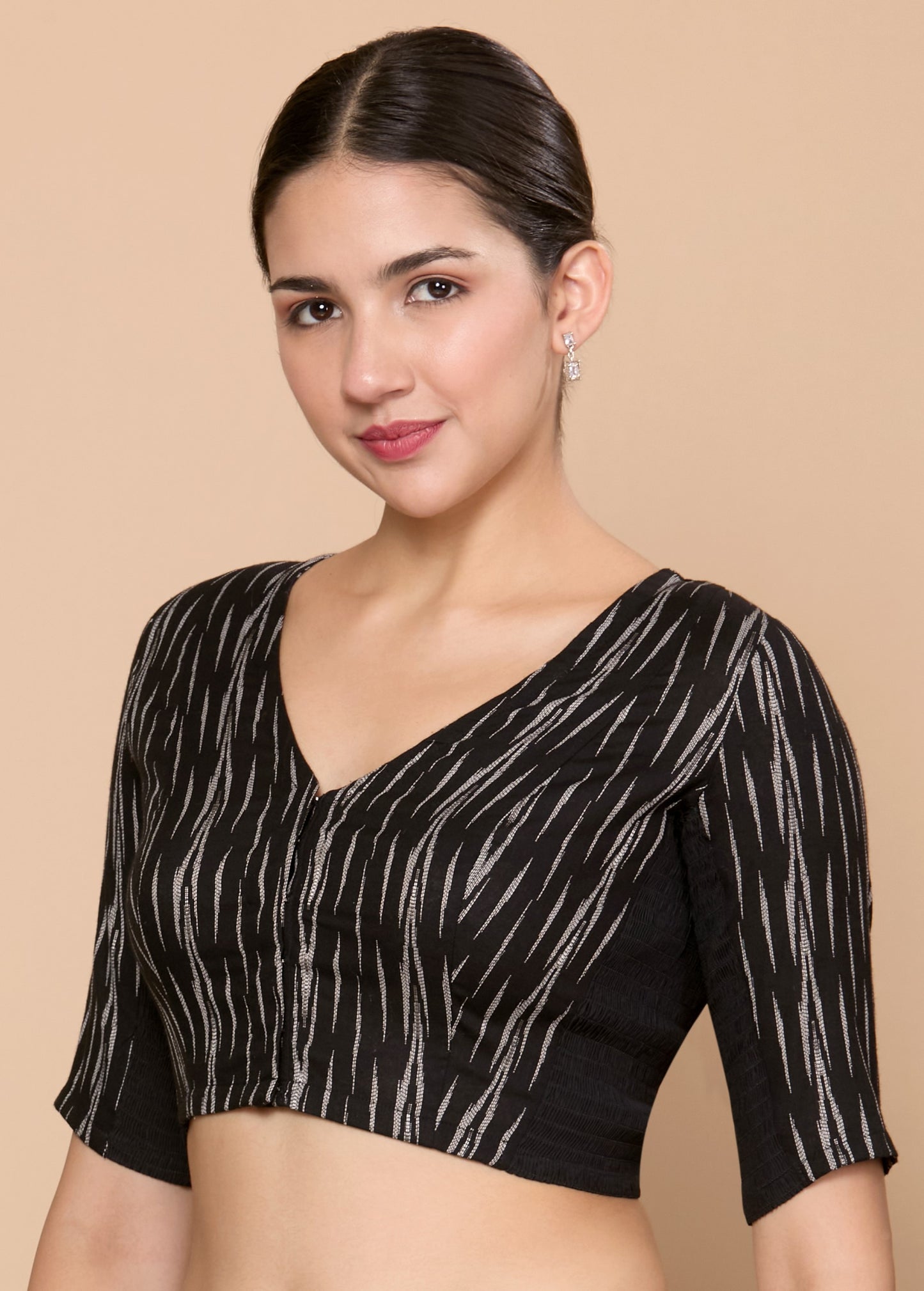 Studio Shringaar Women's Black Cotton Ikat Stretchable (Smocked) Readymade Saree Blouse (Design 2863)