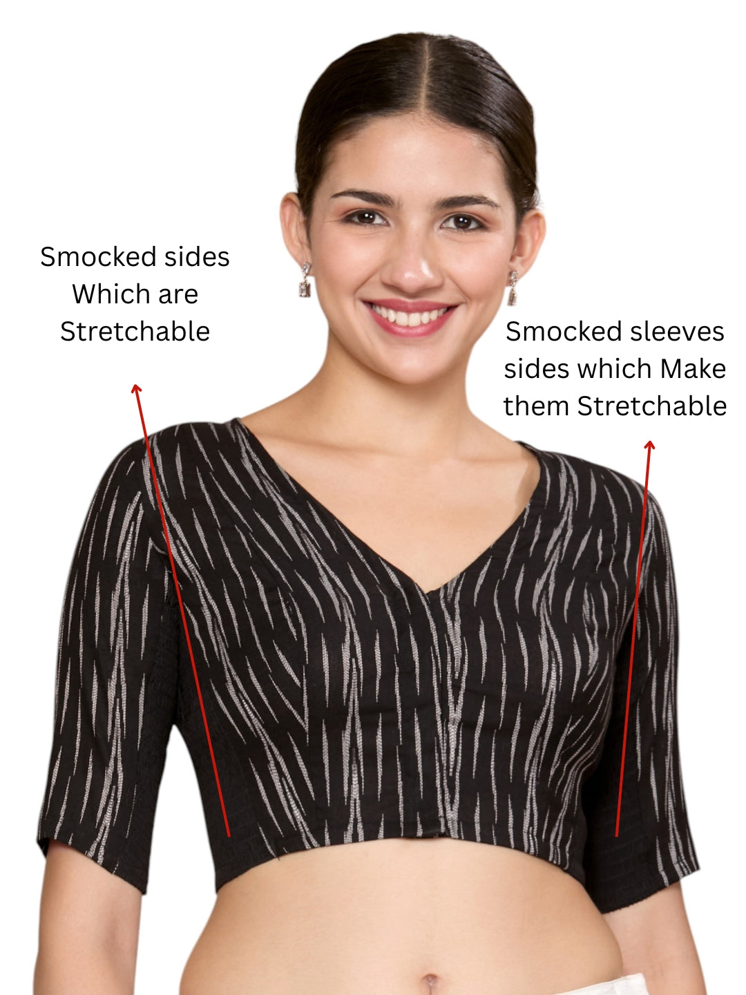 Studio Shringaar Women's Black Cotton Ikat Stretchable (Smocked) Readymade Saree Blouse (Design 2863)