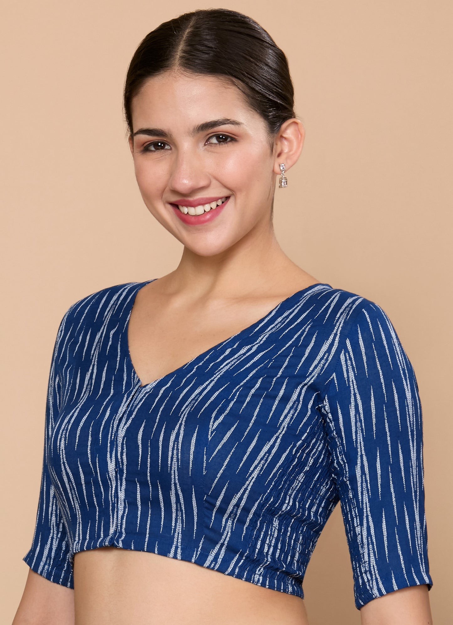 Studio Shringaar Women's Blue Cotton Ikat Stretchable (Smocked) Readymade Saree Blouse(Design 2864)