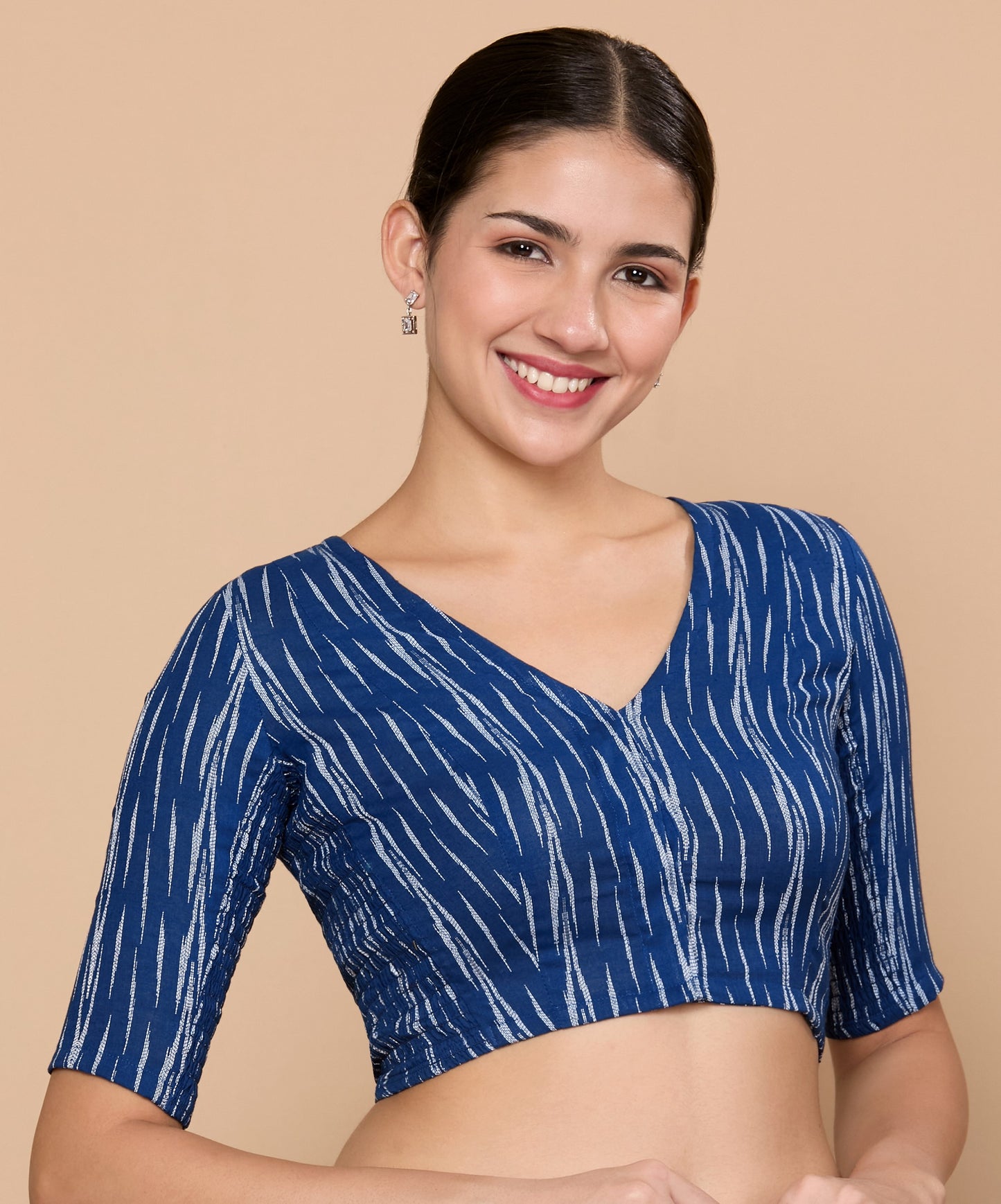 Studio Shringaar Women's Blue Cotton Ikat Stretchable (Smocked) Readymade Saree Blouse(Design 2864)