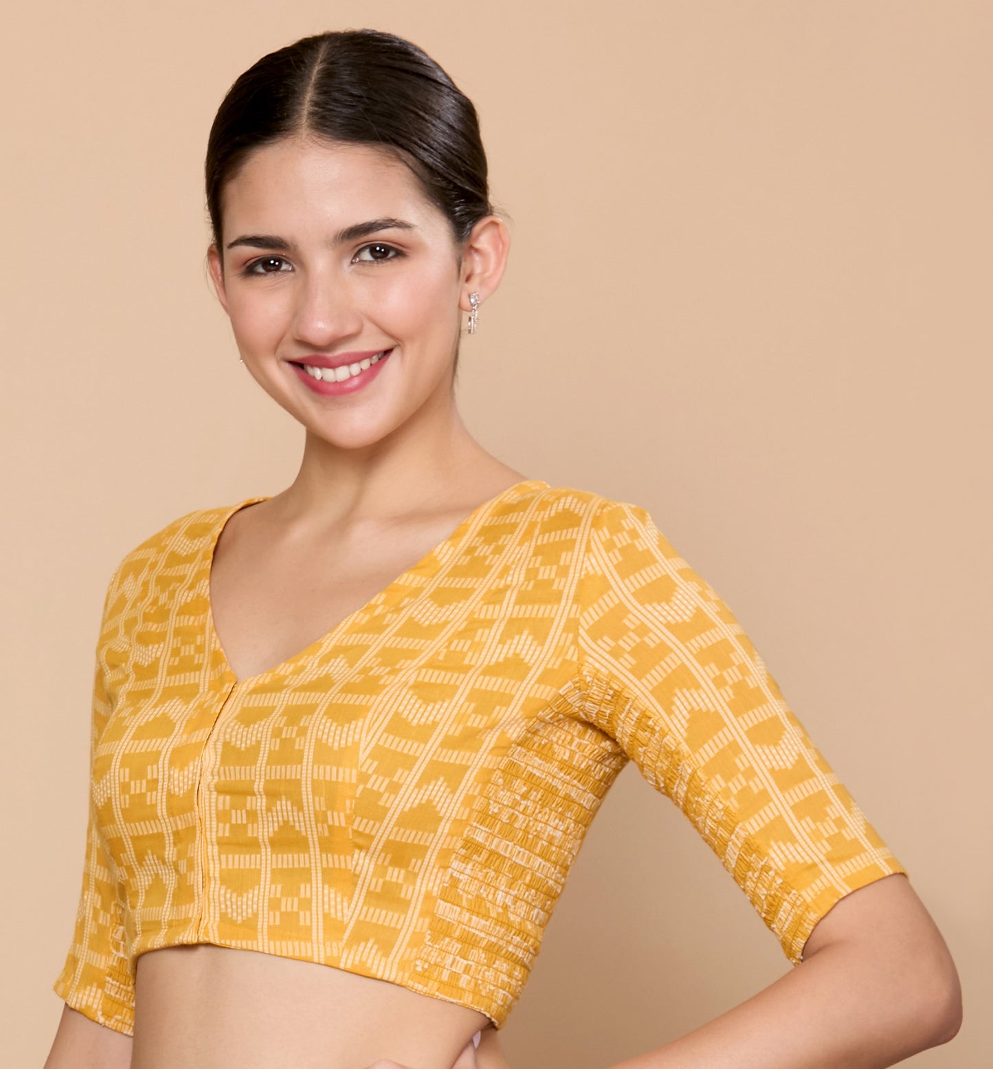 Studio Shringaar Women's Yellow Cotton Handloom Stretchable (Smocked) Readymade Saree Blouse (Design 2865)