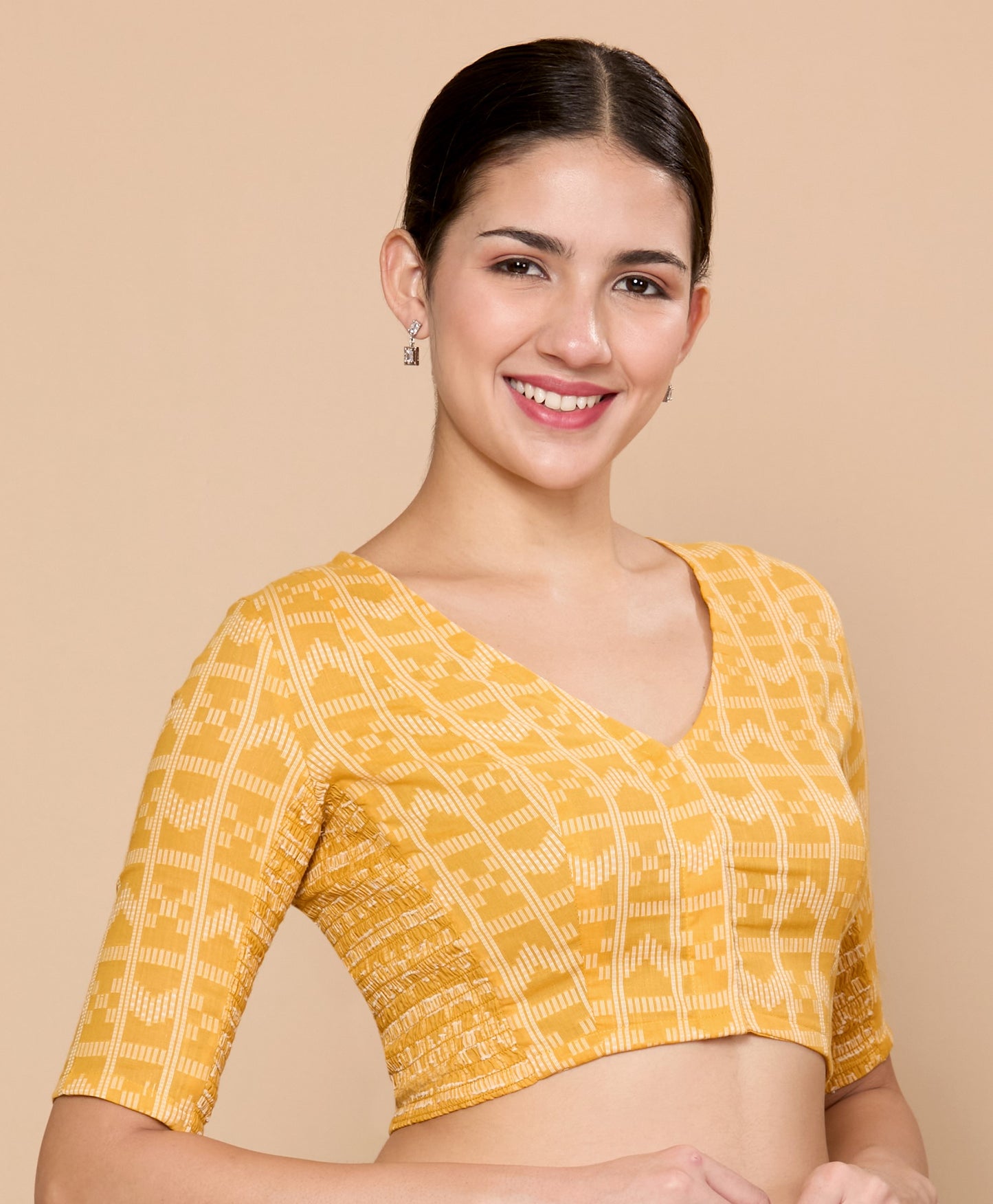Studio Shringaar Women's Yellow Cotton Handloom Stretchable (Smocked) Readymade Saree Blouse (Design 2865)