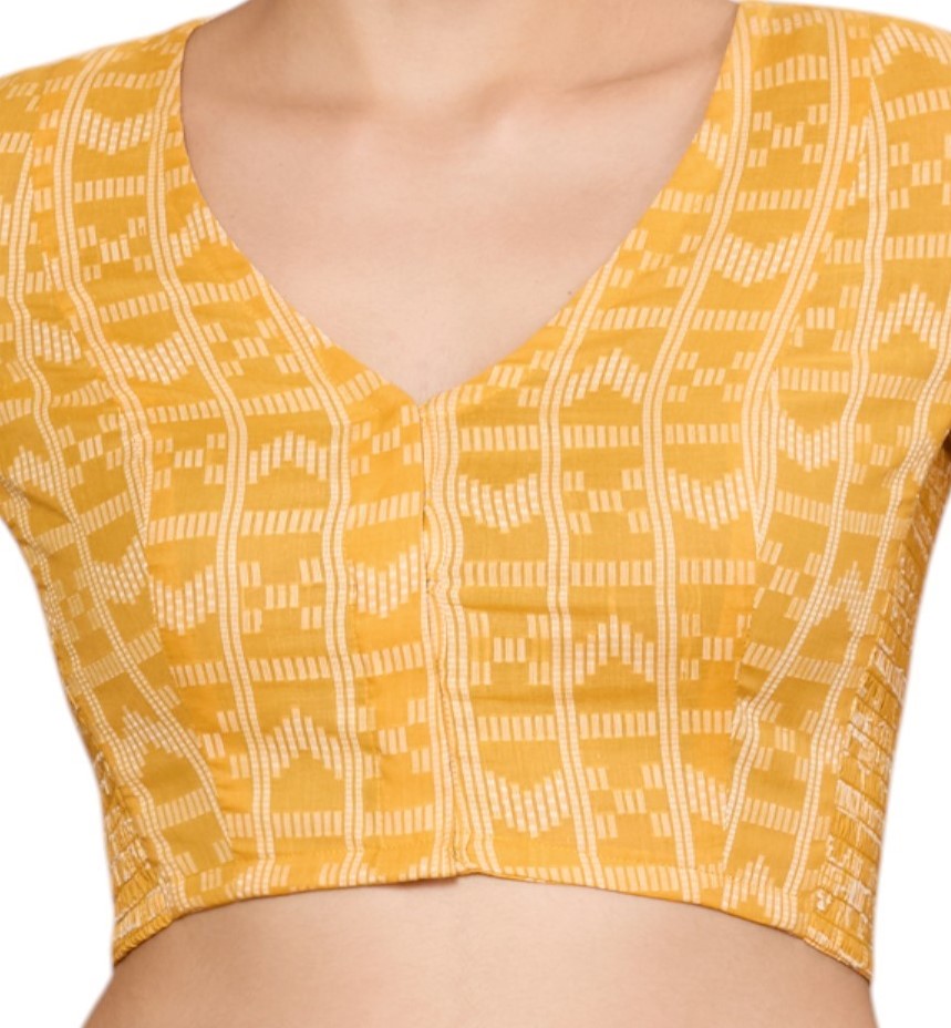 Studio Shringaar Women's Yellow Cotton Handloom Stretchable (Smocked) Readymade Saree Blouse (Design 2865)