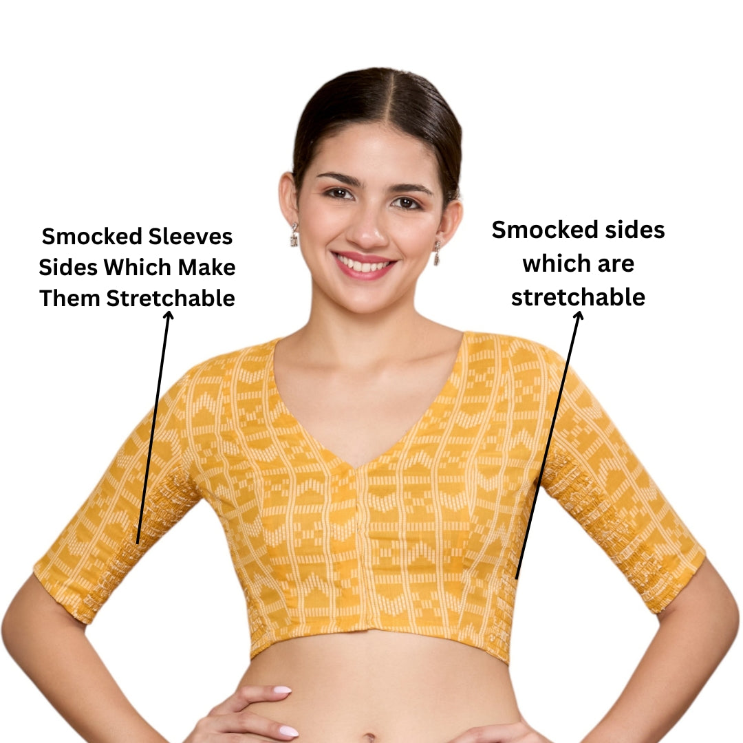 Studio Shringaar Women's Yellow Cotton Handloom Stretchable (Smocked) Readymade Saree Blouse (Design 2865)
