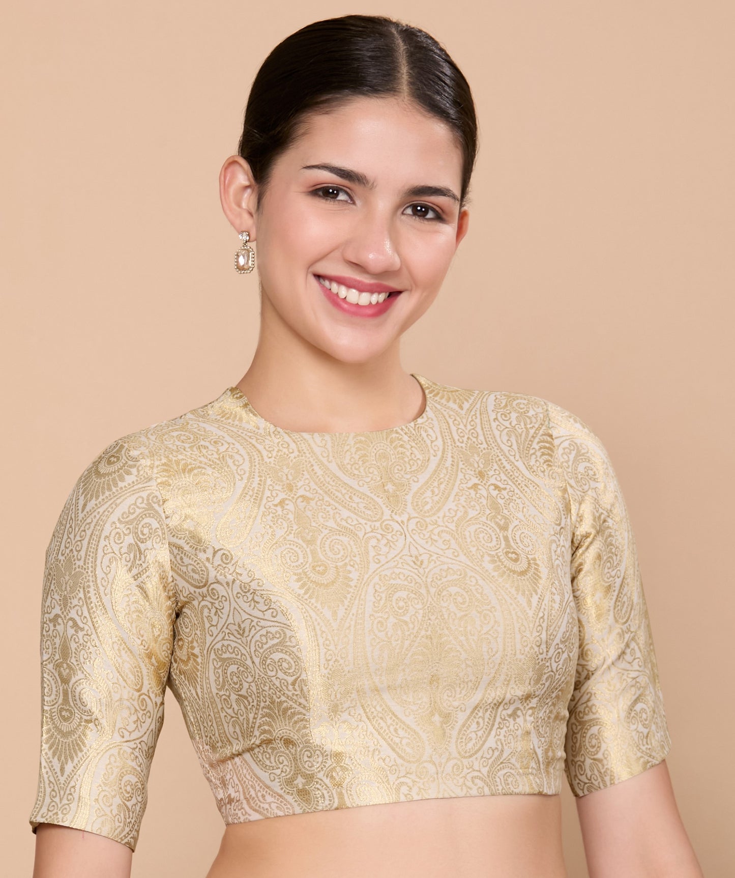 Studio Shringaar Women's Cream Silky Brocade Jewel Neck Readymade Saree Blouse (Design 2867)