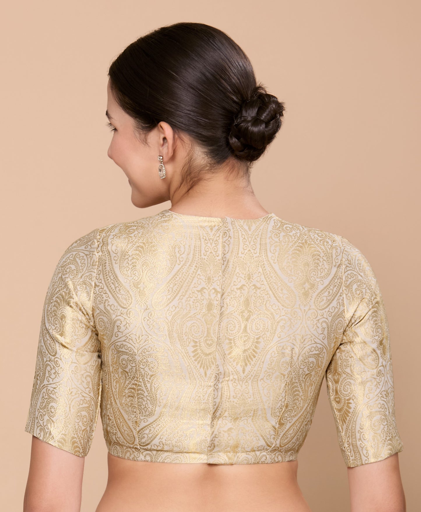 Studio Shringaar Women's Cream Silky Brocade Jewel Neck Readymade Saree Blouse (Design 2867)