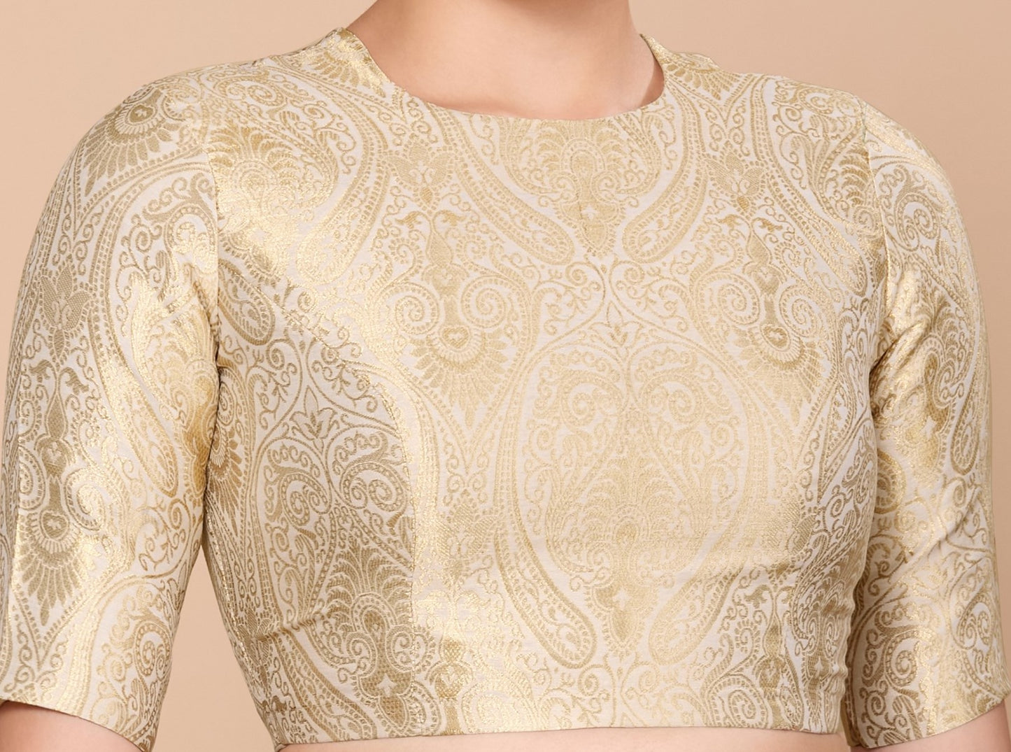 Studio Shringaar Women's Cream Silky Brocade Jewel Neck Readymade Saree Blouse (Design 2867)