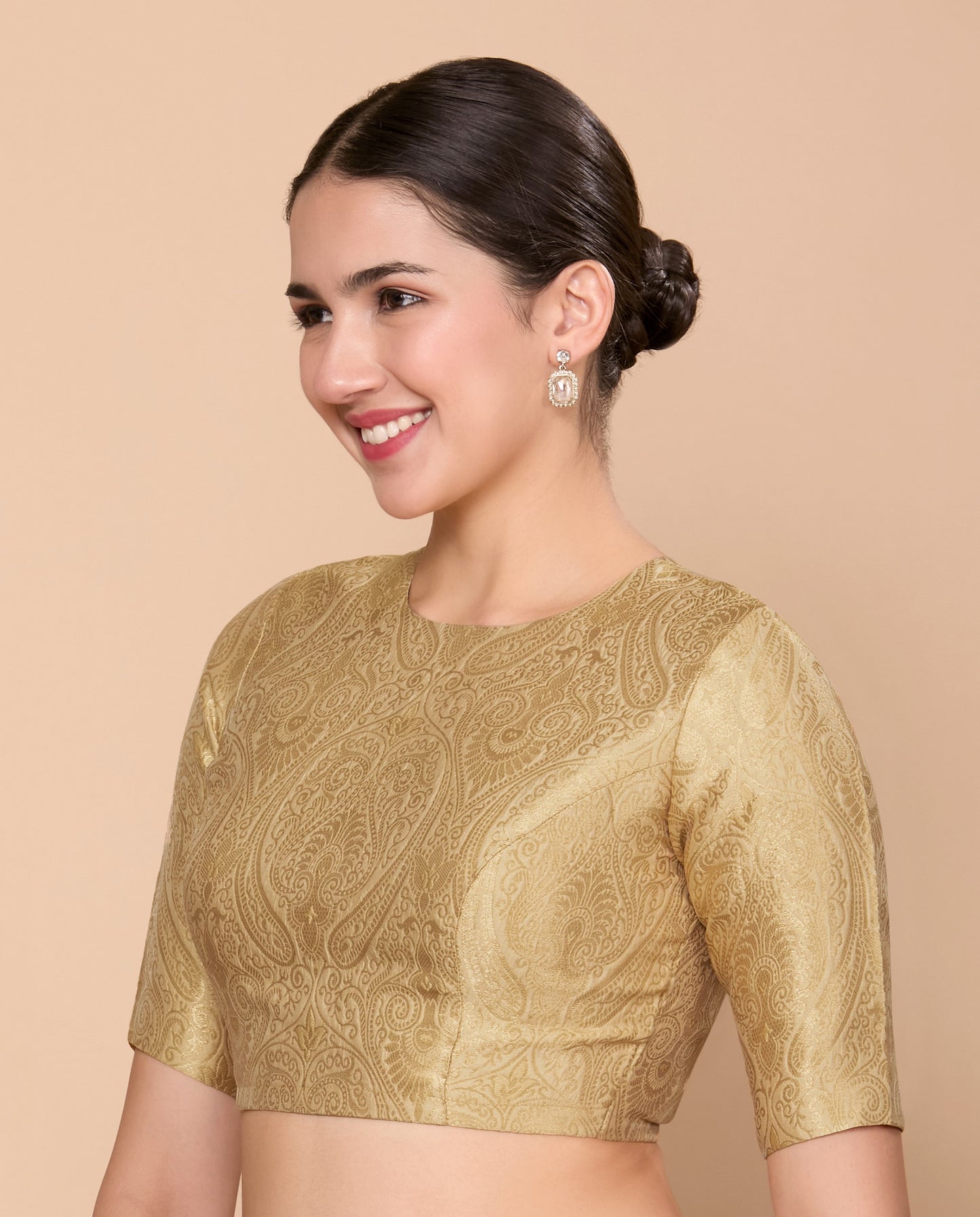 Studio Shringaar Women's Gold Silky Brocade Jewel Neck Readymade Saree Blouse (Design 2867)