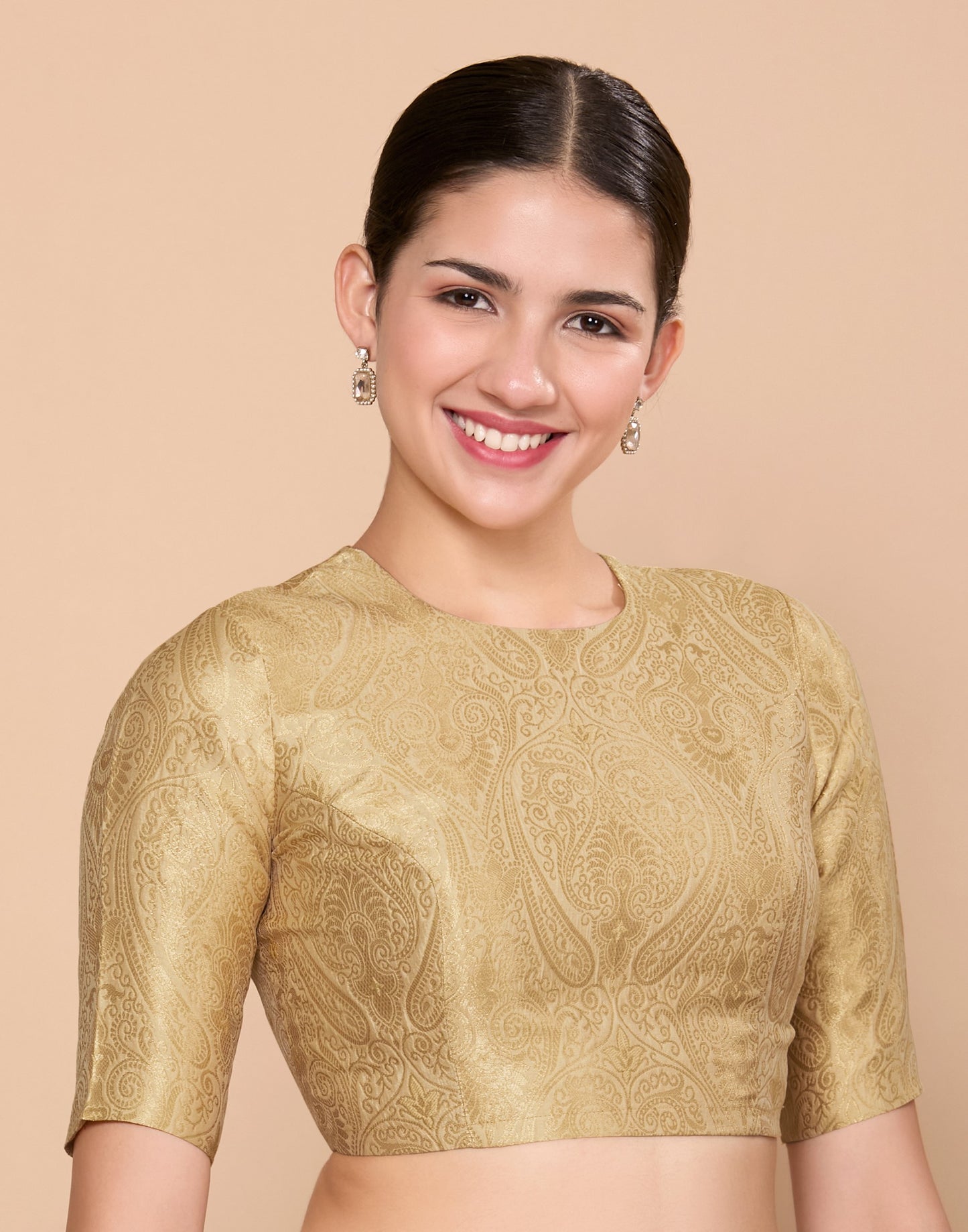Studio Shringaar Women's Gold Silky Brocade Jewel Neck Readymade Saree Blouse (Design 2867)
