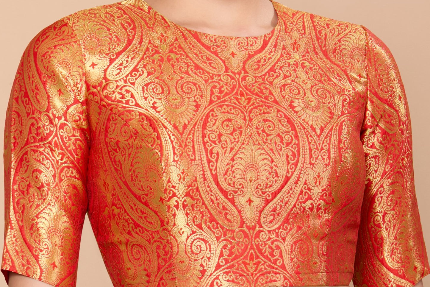 Studio Shringaar Women's Red Silky Brocade Jewel Neck Readymade Saree Blouse (Design 2867)