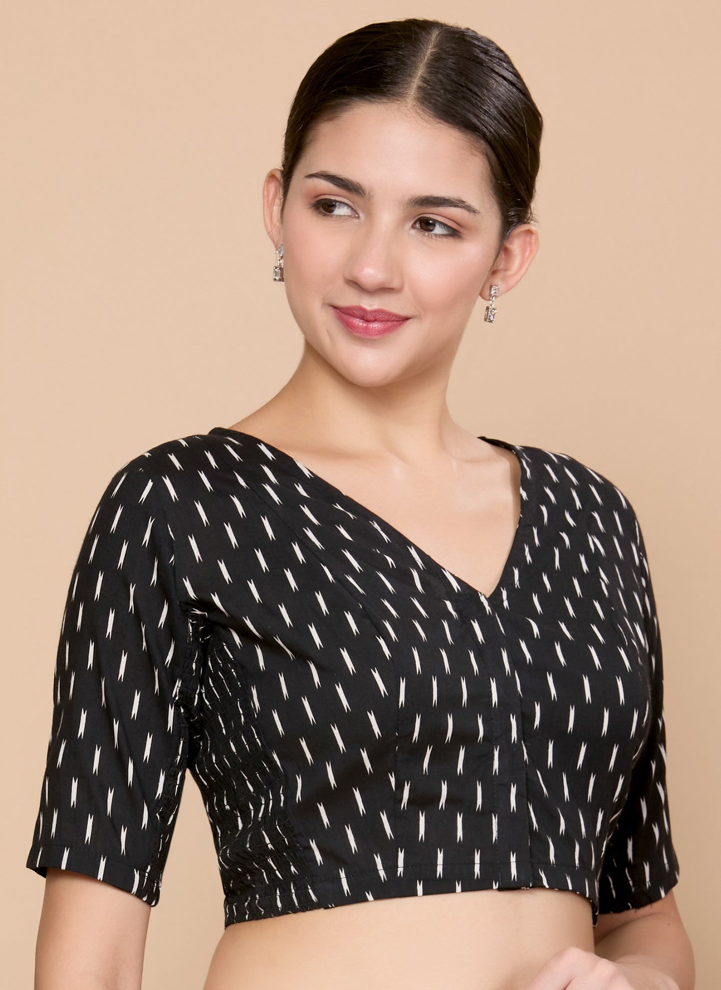 Studio Shringaar Women's Black Cotton Ikat Print Stretchable (Smocked) Saree Blouse (Design 2868)