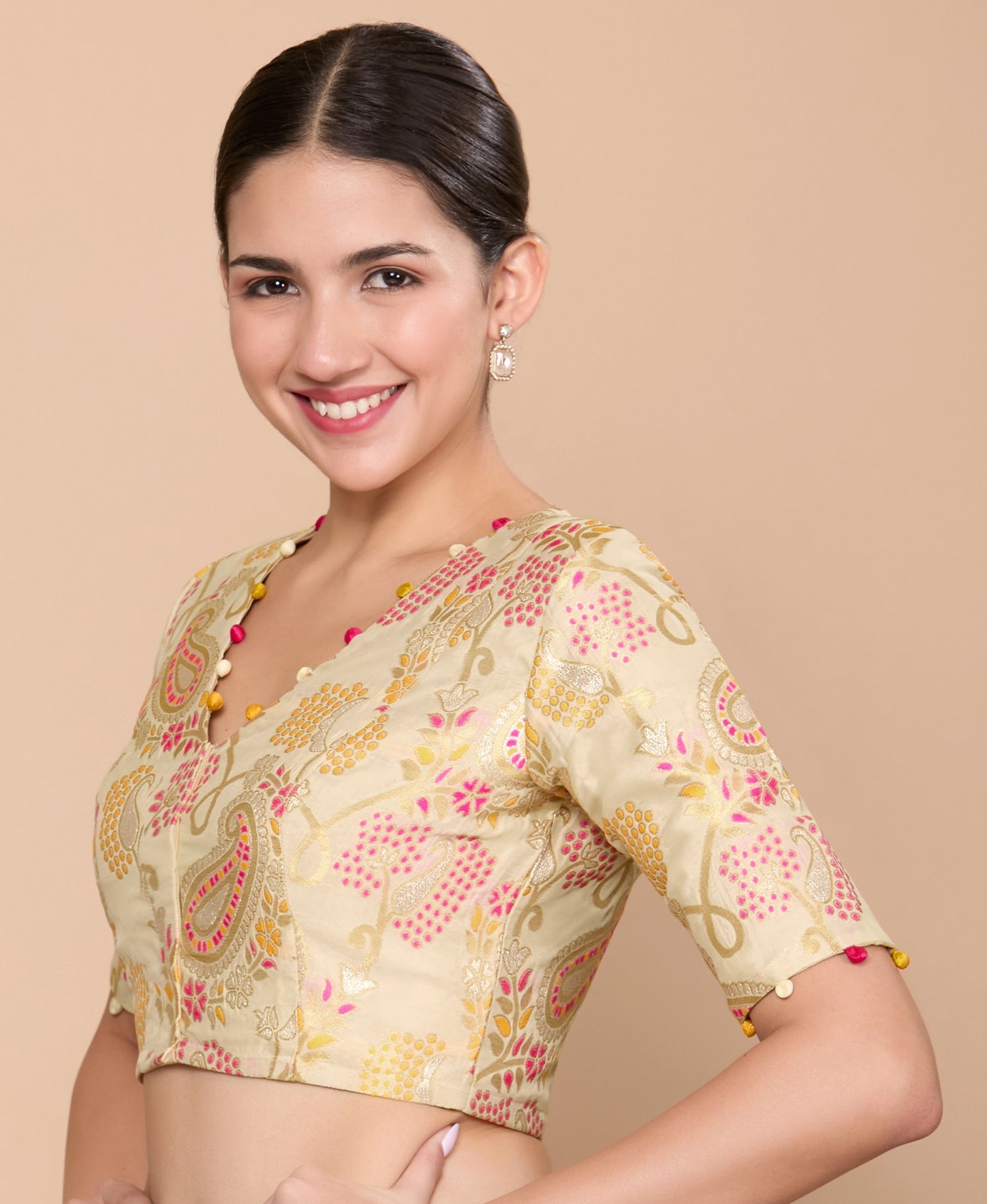 Studio Shringaar Women's Golden Silky Brocade V-Neck Readymade Saree Blouse (Design 2871)