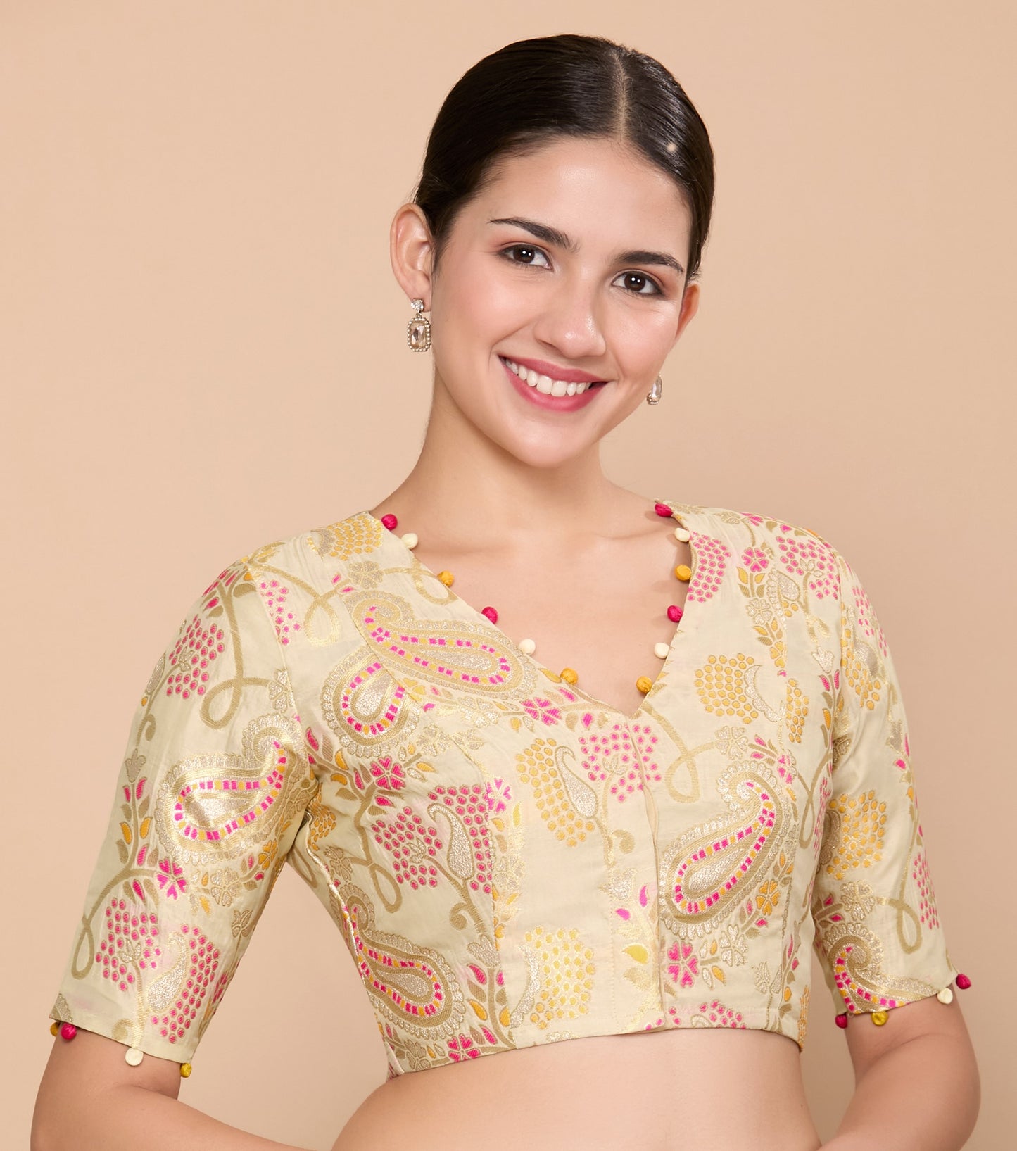 Studio Shringaar Women's Golden Silky Brocade V-Neck Readymade Saree Blouse (Design 2871)