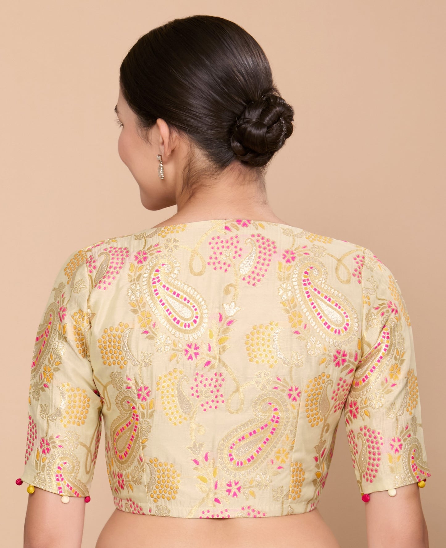 Studio Shringaar Women's Golden Silky Brocade V-Neck Readymade Saree Blouse (Design 2871)