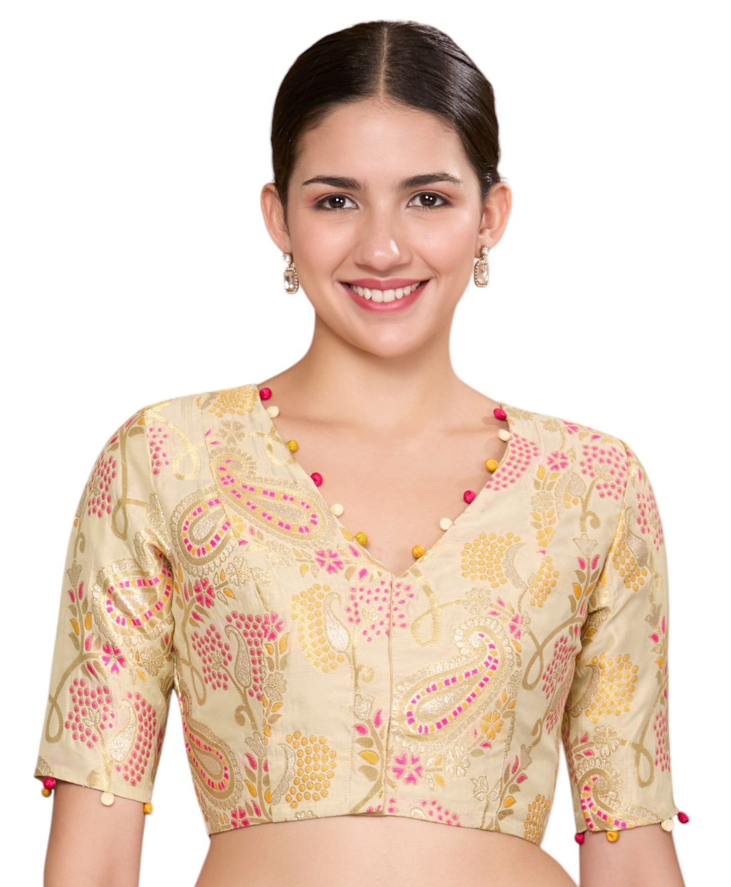 Studio Shringaar Women's Golden Silky Brocade V-Neck Readymade Saree Blouse (Design 2871)