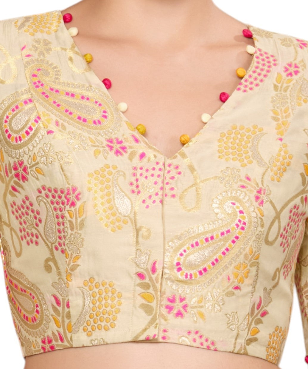 Studio Shringaar Women's Golden Silky Brocade V-Neck Readymade Saree Blouse (Design 2871)