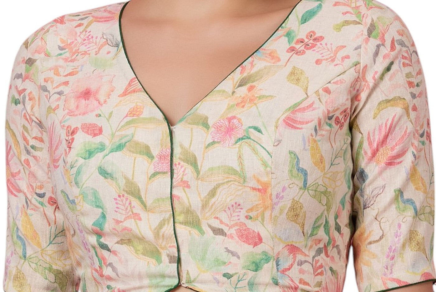 Studio Shringaar Women's Multicoloured Linen Printed Saree Blouse (Design 2875)