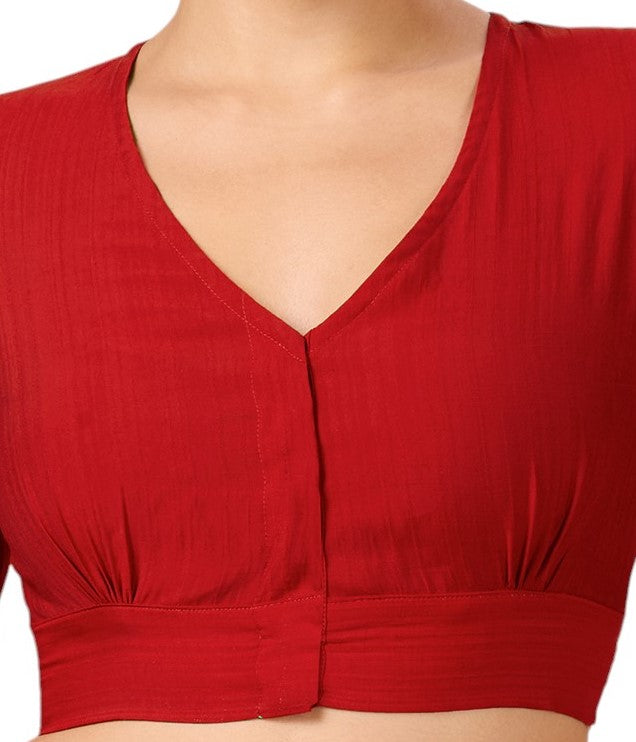 Studio Shringaar Women's Red Viscose Smart V Neck Readymade Saree Blouse (Design 2880)