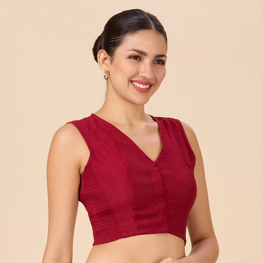 Women's Maroon Cotton Silk Stretchable (Smocked ) Sleeveless Readymade Saree Blouse (Design 2881)