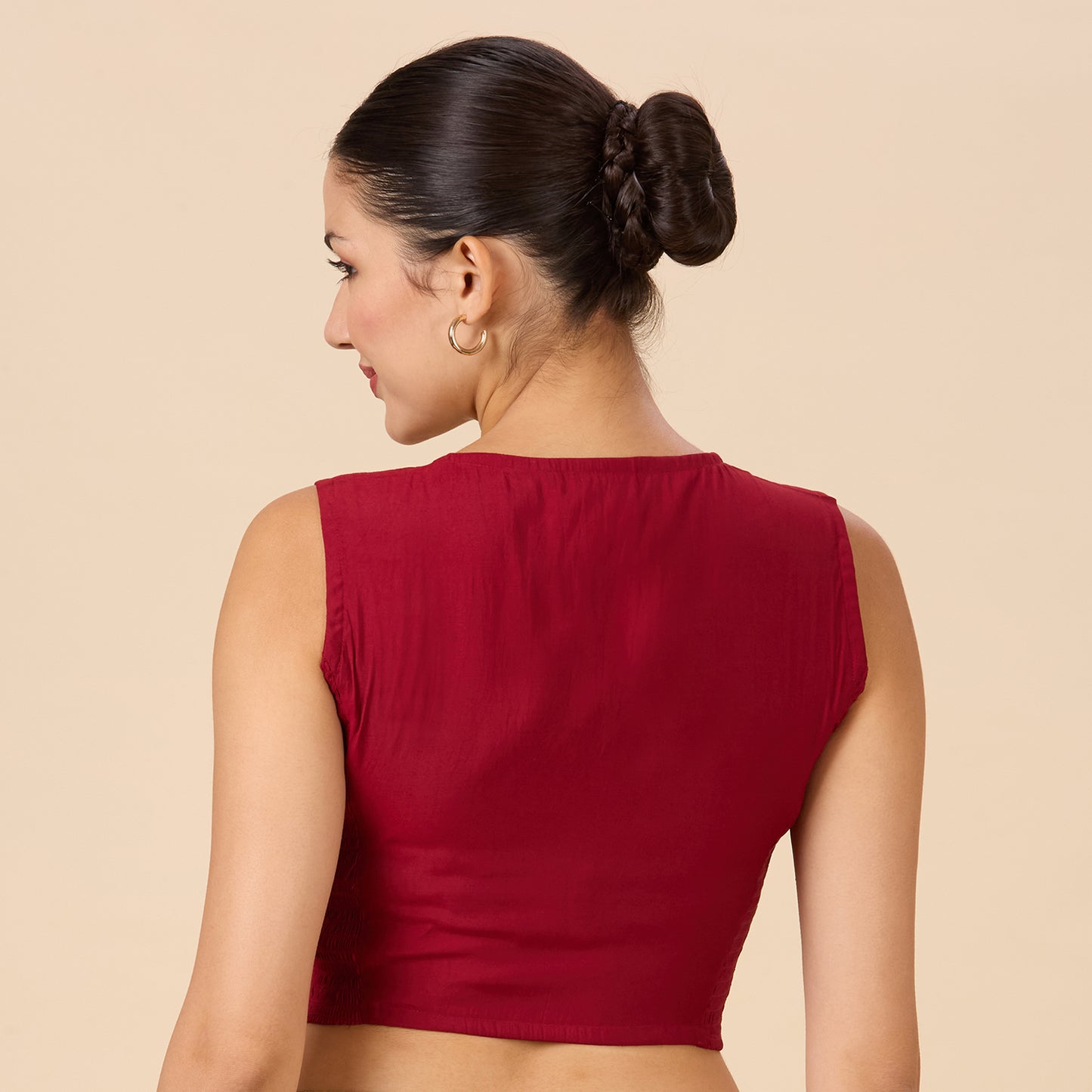 Women's Maroon Cotton Silk Stretchable (Smocked ) Sleeveless Readymade Saree Blouse (Design 2881)