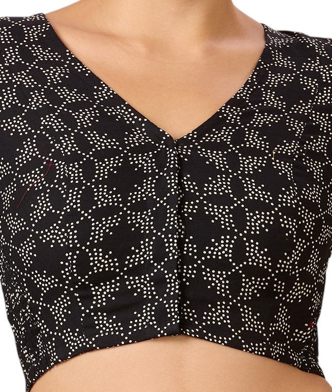 Studio Shringaar Women's Black Cotton Printed Stretchable (Smocked) Readymade Saree Blouse(Design 2883)