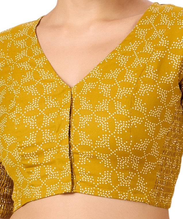 Studio Shringaar Women's Mustard Cotton Printed Stretchable (Smocked) Readymade Saree Blouse(Design 2883)