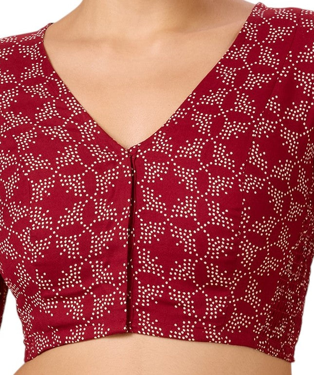Studio Shringaar Women's Maroon Cotton Printed Stretchable (Smocked) Readymade Saree Blouse(Design 2883)