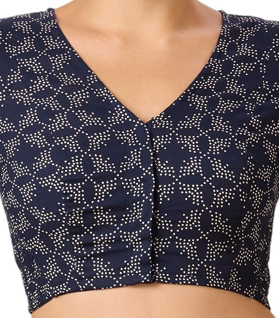 Studio Shringaar Women's Navy Blue Cotton Printed Stretchable (Smocked) Readymade Saree Blouse(Design 2883)