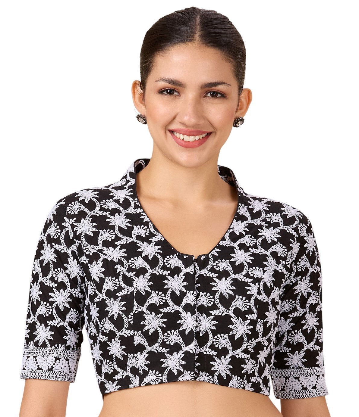 Studio Shringaar Women's Black Cotton Chikankari Readymade Saree Blouse (Design 2884)