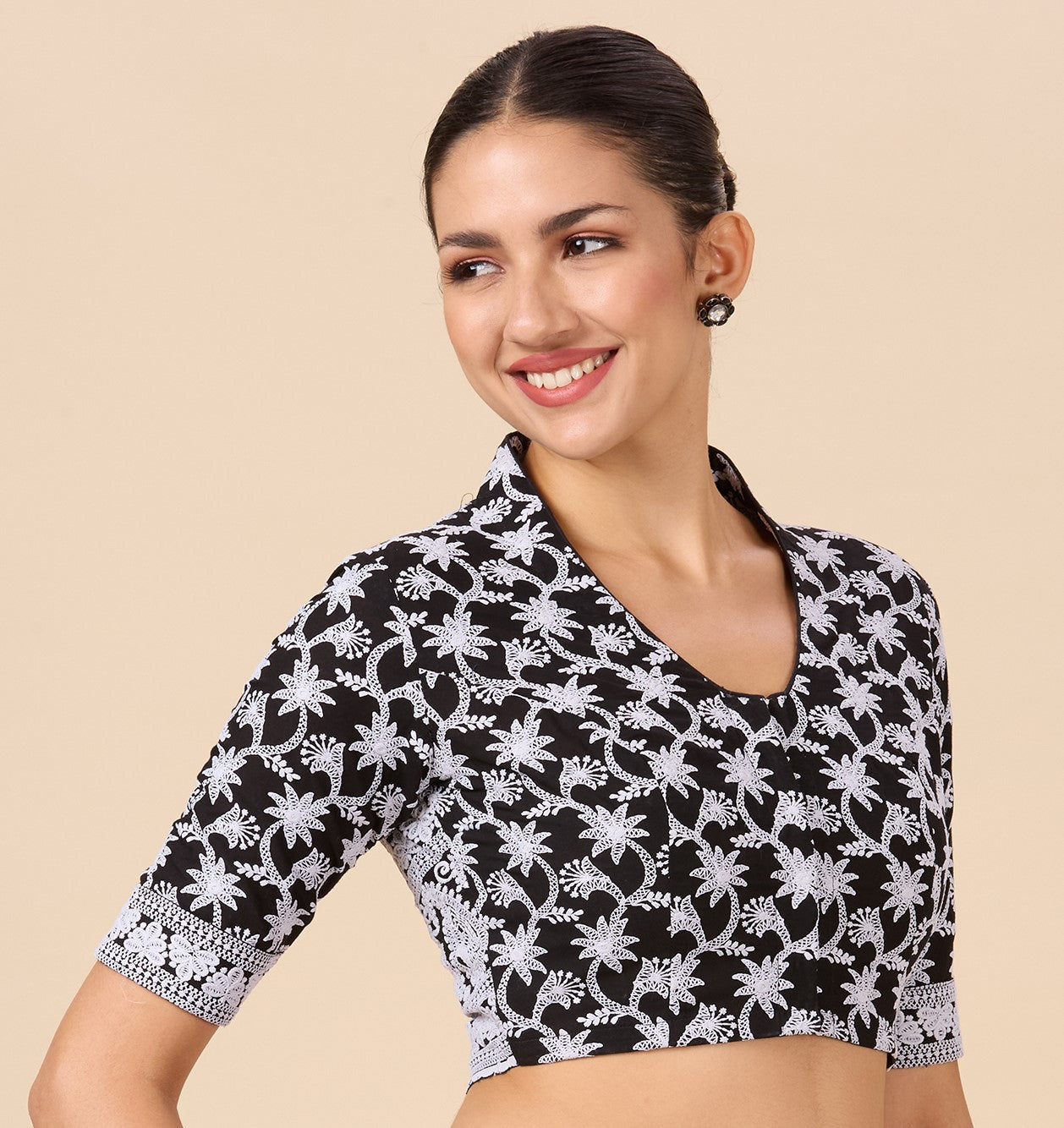 Studio Shringaar Women's Black Cotton Chikankari Readymade Saree Blouse (Design 2884)