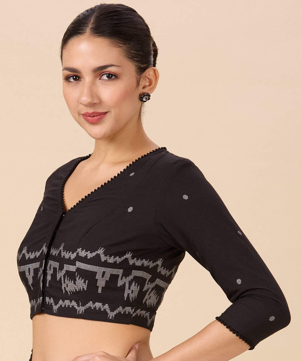 Studio Shringaar Women's Black Cotton Temple Border Readymade Saree Blouse(Design 2885)